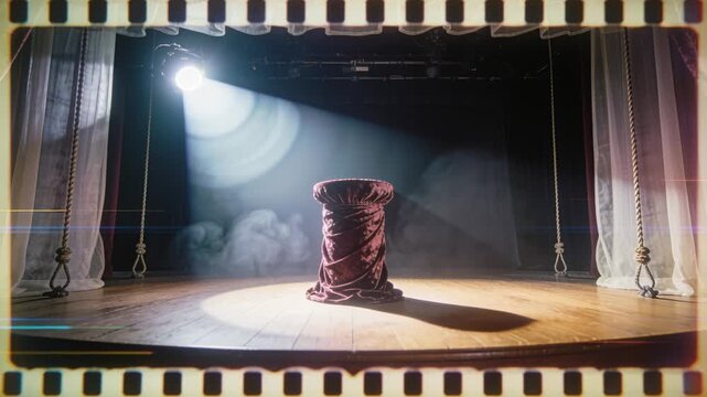 Lighting upper left spotlight beaming on small stage, highlighting burgundy pedestal with haze