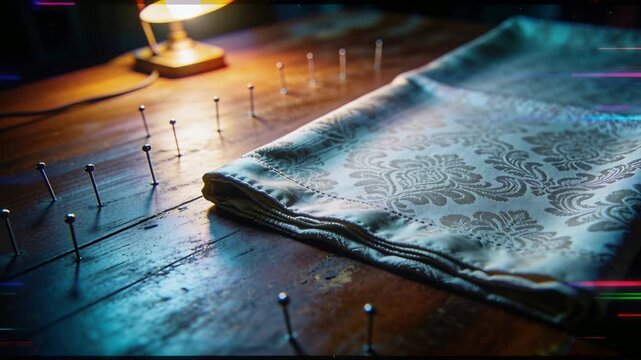 Shifting camera focusing folded damask fabric on bench, emphasizing texture with lamp and pins