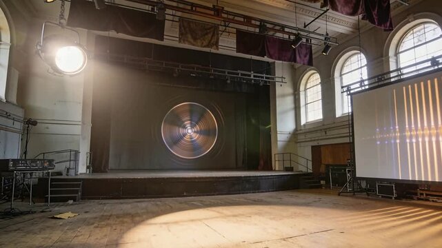 Spotlight turning on, raised stage showing rotating gobo in hall, with projector rack for rehearsal