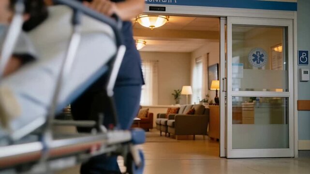 Sliding doors opening, nurse in scrubs pushing stretcher holding child under beige blanket to ward