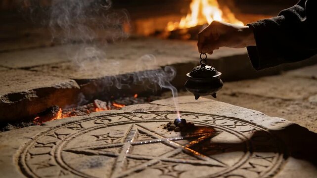 Holding robed hand adjusting censer over smoldering ember on pentagram slab at hearth, making smoke