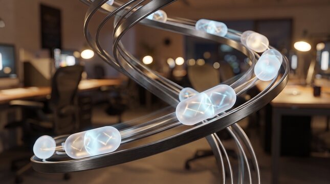 Asynchronous communication visualization, glowing data capsules moving along winding digital track, hybrid work messaging concept, B2B technology render