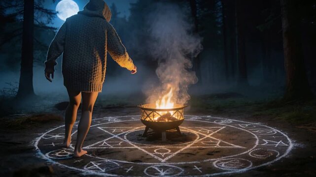 Entering right barefoot woman sweater circling fire pit on ritual chalk sigil in woods, copy space