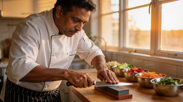 Placing whetstone, chef wearing jacket sharpening large knife on kitchen counter