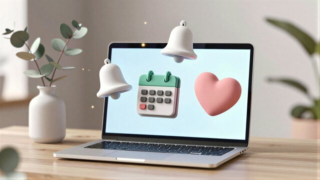 Laptop displays heart, calendar, and bellsymbolizing digital love, reminders, or notifications.