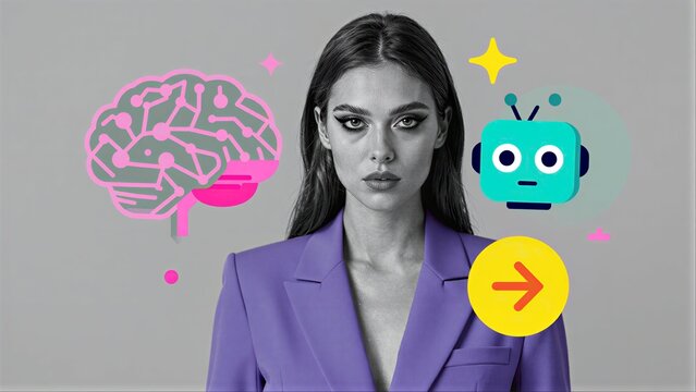 Woman in purple suit, brain and robot icons beside her.