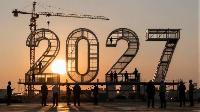 Construction workers stand before giant 2027 numbers at a bustling building site.