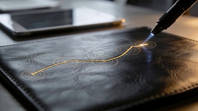Tracing hand with stylus nearing sparking, forming glowing golden seam with ring nodes on black pad