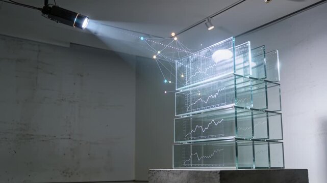 Activating ceiling projector casting digital nodes onto glass stack at gallery showing line charts
