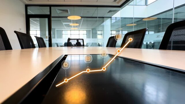 Growing from left glow chart rising on channel in room showing icons for meeting staff-in-workwear