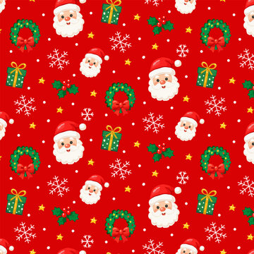 Bright red seamless Christmas pattern with Santa characters, green gifts, wreaths, holly, white snowflakes and yellow stars. Festive cartoon doodle holiday background.
