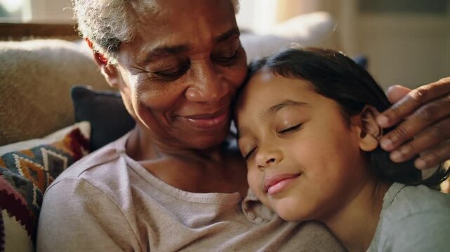 Cradling grandchild, grandma stroking hair after child leaning for comfort on soft sofa, with ring