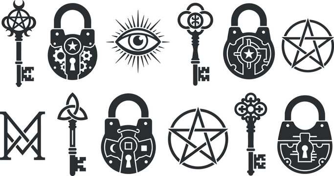 Occult Esoteric and Mystical Silhouette Icon Set with Ornate Vintage Keys Padlocks Pentagrams and All Seeing Eye Symbols for Witchcraft Magic and Secret Society Branding