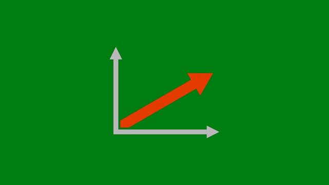 Animated Orange Arrow Moving Upwards on a Gray Business Graph Axis Against a Green Screen Background, Symbolizing Financial Growth, Market Success, Positive Trends, and Economic Development.