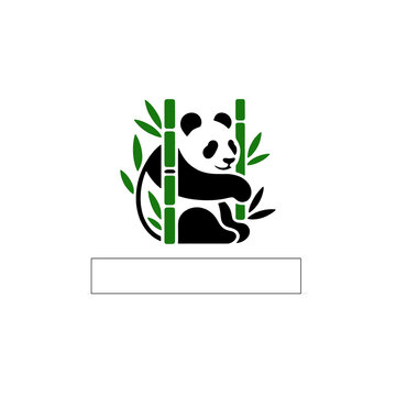 Flat vector illustration of a panda bear sitting among green bamboo stalks with blank rectangular banner/nameplate placeholder below, isolated on white background, ideal for wildlife, eco
