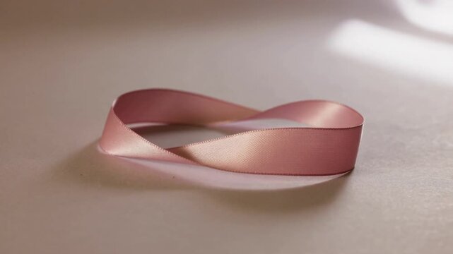 Playback starting showing pink satin ribbon loop settling on pale tabletop with upper-right light