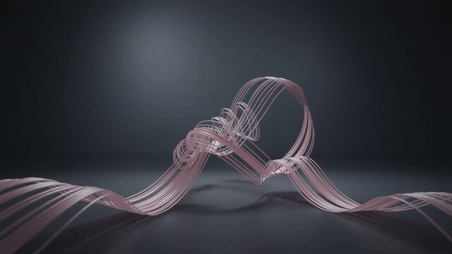 Sweeping in from left, ribbon bands reshaping in dark studio, mirroring on glossy floor