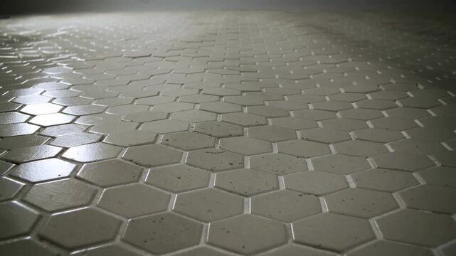 Starting low camera tilting forward, showing glazed hex tiles on bath floor with grout, light glare