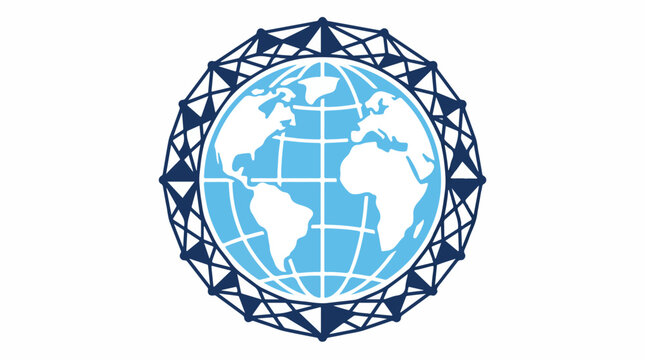 A simplified flat vector of a globe icon wrapped in a dense, sharp geometric lattice mesh. Represents global implementation of PQC standards. Professional and clean minimalist design. Colors:
