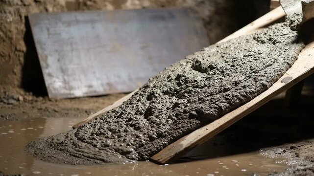 Wet concrete mix sliding coarse aggregate down an inclined surface with thick grey cement paste visible in close view