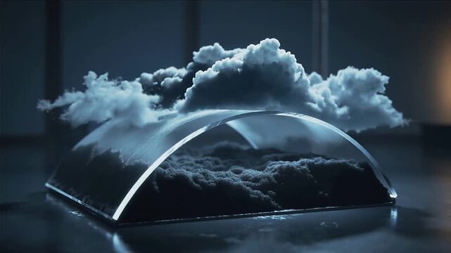Starting sequence showing cloud forms rising above rectangular base in studio, lit acrylic arch