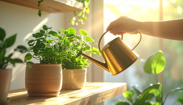 朝日が差し込む窓辺で観葉植物に真鍮じょうろで水やりする手