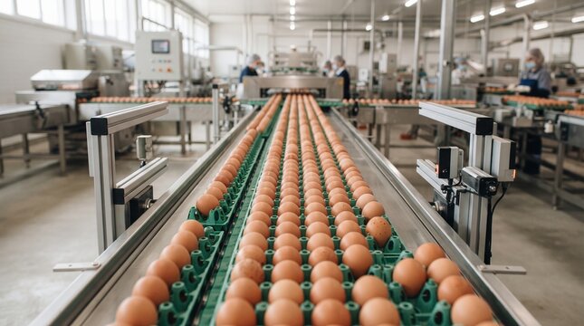 Eggs moving on a production line in a factory.