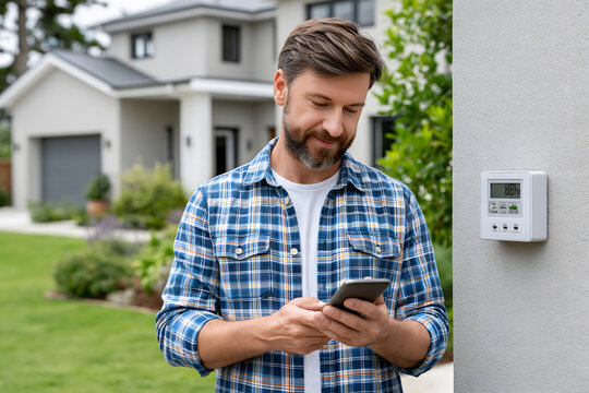 Homeowner checking electricity meter reading with smartphone, modern residential house in background, energy consumption monitoring and utility management, realistic daylight photography
