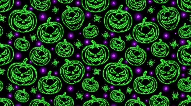 Neon green jack o lantern pattern with purple polka dots, spooky Halloween pumpkin decoration featuring small spiders for festive holiday designs