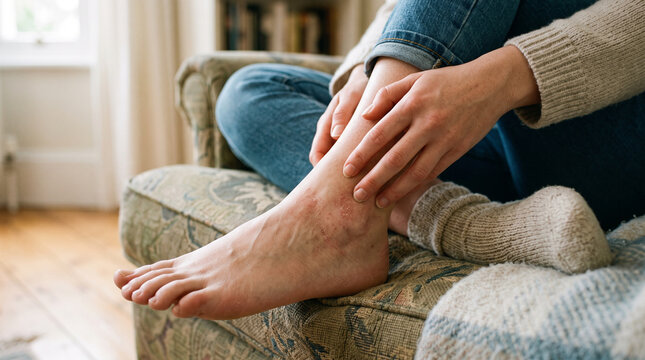 Close-up of bare feet with itchy irritated skin, person scratching one foot with toes, illustrating skin discomfort, irritation, allergy or dermatological problem.