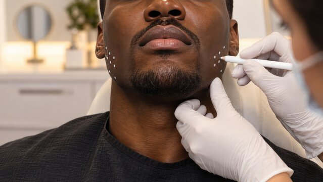Masked doctor in white gloves marking botox mapping male jaw injection points with white pencil on young Black man jawline at aesthetic clinic