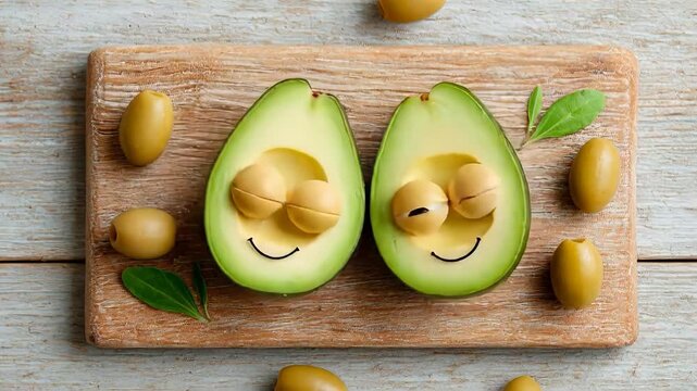 Creative avocado halves with googly eyes on rustic cutting board