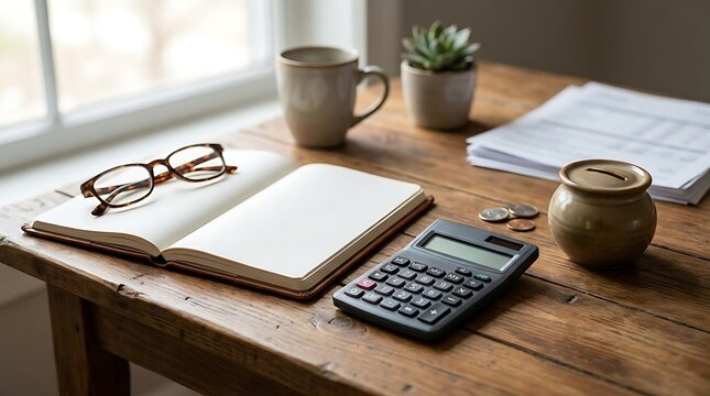 Finanzas de aposentado planificando el presupuesto mensual con calculadora y ahorros en mesa de madera