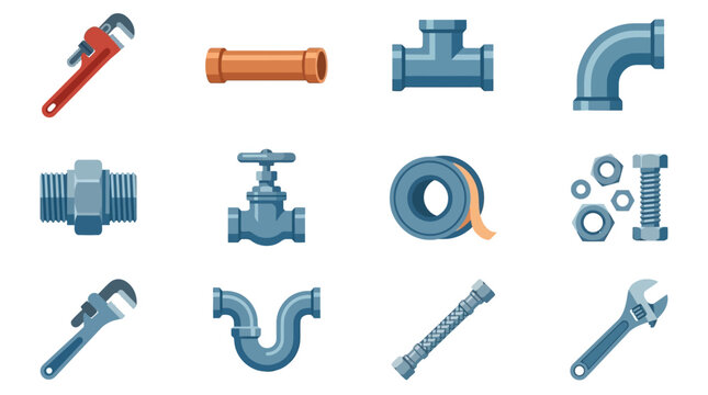 Plumbing Tools and Supplies Set: Wrench, Pipe Fittings, Valve, Tape, Nuts and Bolts - Vector Illustration