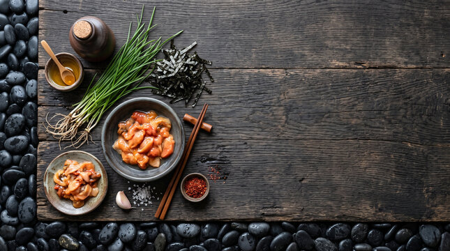 Top down view of fresh Korean sea squirt and wild chives on dark wood table