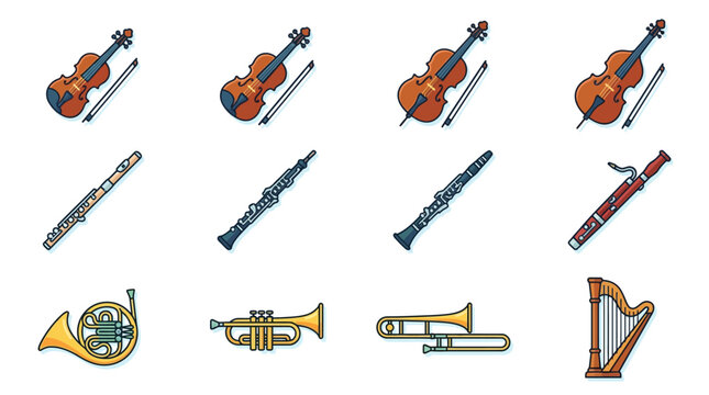Orchestral Instrument Collection: Violins, Flutes, Oboes, Bassoon, French Horn, Trumpet, Trombone, Harp - Flat Design Icons