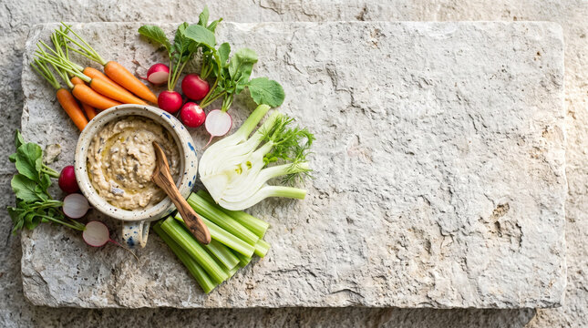 Top down view of French Anchoiade anchovy dip and fresh crudites on limestone