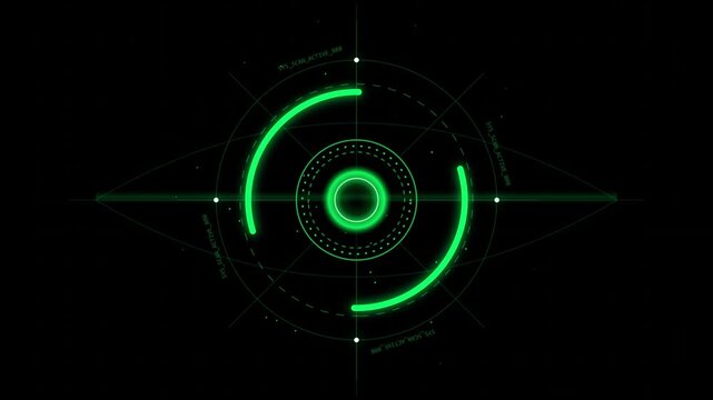 Futuristic digital eye hud interface with glowing green circular