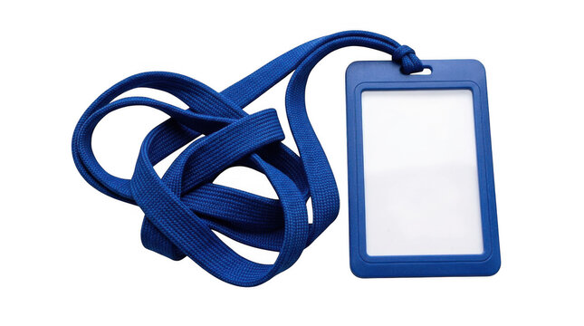 Blue plastic id badge holder with a neck lanyard for business identification and security access cards isolated on transparent background
