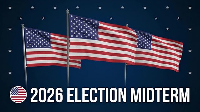 2026 midterm election motion background featuring waving American flags and stars
