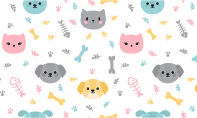 Obraz premium A cheerful and colorful seamless pattern features adorable cartoon cats, dogs, and puppies with playful elements like bones and fish skeletons, designed for pet-themed products.