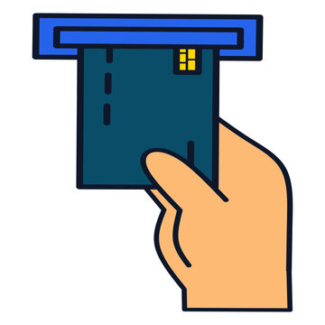 Hand inserting blue credit card into ATM reader slot colored vector icon