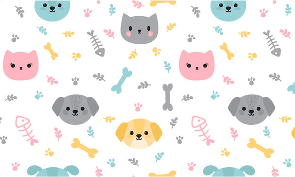 A cheerful and colorful seamless pattern features adorable cartoon cats, dogs, and puppies with playful elements like bones and fish skeletons, designed for pet-themed products.