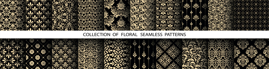 Plakat Geometric floral set of seamless patterns. Golden and black vector backgrounds. Damask graphic ornaments