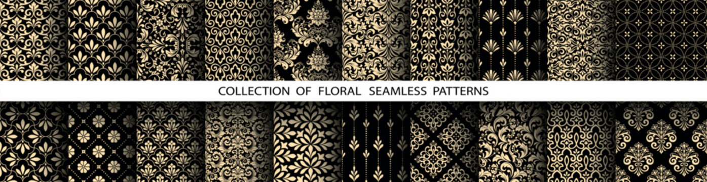 Geometric floral set of seamless patterns. Golden and black vector backgrounds. Damask graphic ornaments
