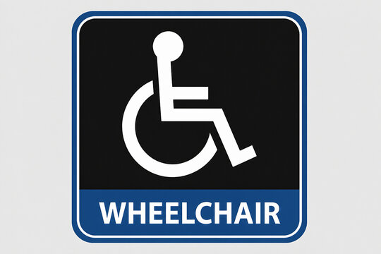 A blue and white accessibility sign featuring the international symbol of access and the word WHEELCHAIR is displayed against a gray background.