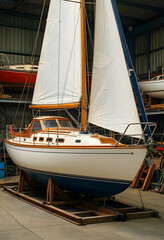 Obraz premium Maritime leisure and luxury travel, classic wooden sailboat undergoing maintenance in a boatyard storage facility for seasonal preparation and repair