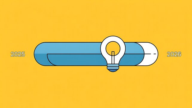 A conceptual transition graphic featuring a light bulb icon bridging the timeline progress from the year 2025 to the year 2026