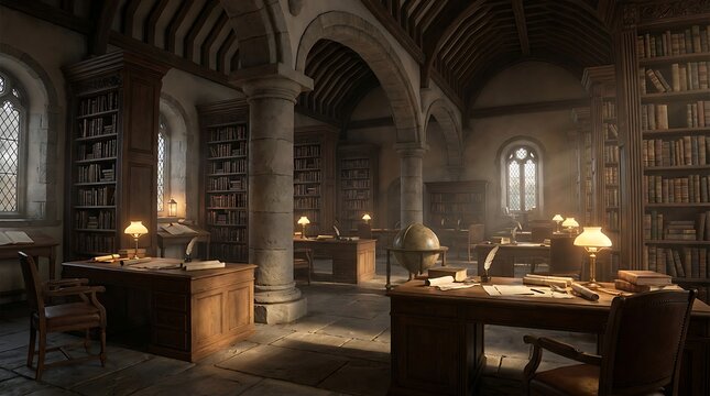 Historic library interior with wooden desks where scholars studied historical texts such as the 95 theses.