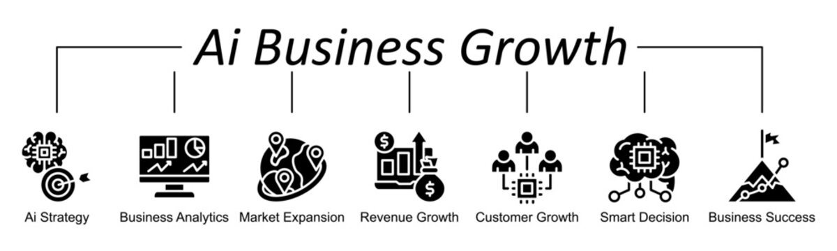Ai Business Growth banner web glyph style icon vector illustration concept with icon of AI Strategy, Business Analytics, Market Expansion, Revenue Growth, Customer Growth, Smart Decision, Business Suc